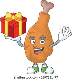 Charming fried chicken mascot design has a red box of gift