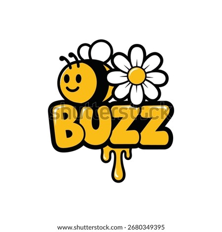 A charming and friendly cartoon bee mascot sits atop the word BUZZ which is dripping with sweet golden honey. A white daisy flower accompanies the happy insect.