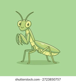 Una encantadora y amigable mantis de oración de dibujos animados con grandes ojos y una sonrisa suave, representada en un estilo de ilustración simple y limpio.