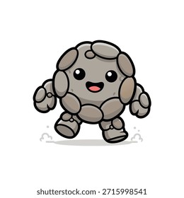 Uma encantadora e amigável criatura de pedra de desenho animado com grandes olhos e um largo sorriso, retratado em uma pose ambulante.