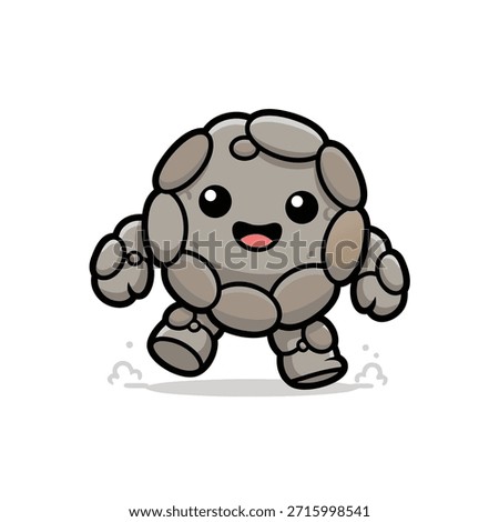 A charming and friendly cartoon rock creature with big eyes and a wide smile, depicted in a walking pose.