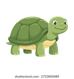Uma tartaruga charmosa e amigável com uma concha verde e um rosto sorridente, isolada em um fundo branco.