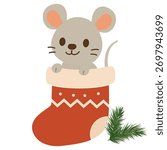 A charming, friendly gray mouse smiles happily. She holds a Christmas stocking in her paws. Two Christmas tree branches lie nearby. Simple cartoon vector illustration. Isolated on a white background.