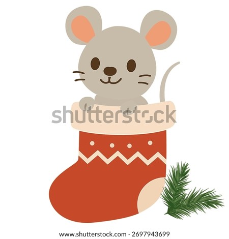 A charming, friendly gray mouse smiles happily. She holds a Christmas stocking in her paws. Two Christmas tree branches lie nearby. Simple cartoon vector illustration. Isolated on a white background.