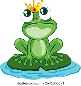 Charming frog character wearing a golden crown. A funny and royal amphibian mascot ideal for fairy tale designs, educational books, and playful projects. Vector EPS 10.