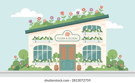 Charming front facade of the Flora and Bloom flower shop with a green roof garden and beautiful window boxes.