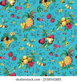 Charming fruit pattern design on a light teal background