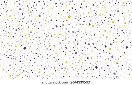 Uma galáxia encantadora de estrelas roxas e amarelas dispersas dança através de uma tela branca limpa, criando um design cósmico lúdico e sonhador ideal para decoração, vestuário ou impressão.