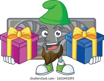 A charming gaming VGA card cartoon mascot style with two boxes of gifts