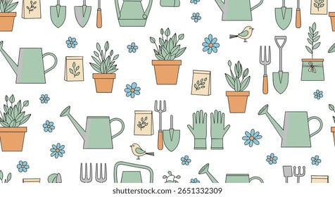 Charming garden collection featuring watering cans plants tools and birds for nature lovers