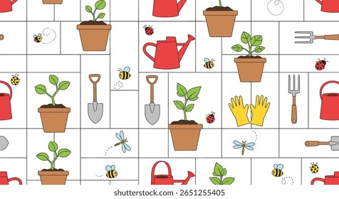 Charmosas ilustrações de jardim com plantas regando latas joaninhas abelhas e ferramentas de jardinagem