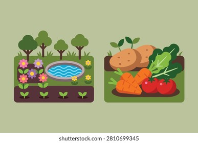 Charming garden illustrations featuring a small decorative pond with flowers and a productive vegetable patch with root crops.