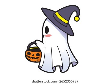 Charming ghost character dressed in a witch hat while holding a pumpkin bucket, embodying the playful side of Halloween celebrations