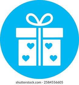 A charming Gift Box with Hearts icon in crisp white on a light Cambridge blue background. Simple yet festive, symbolizing love, celebration, and thoughtful giving with a modern, minimalist touch.