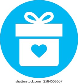 A charming Gift Box with Hearts icon in crisp white on a light Cambridge blue background. Simple yet festive, symbolizing love, celebration, and thoughtful giving with a modern, minimalist touch.