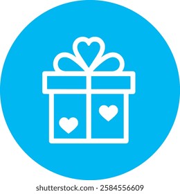 A charming Gift Box with Hearts icon in crisp white on a light Cambridge blue background. Simple yet festive, symbolizing love, celebration, and thoughtful giving with a modern, minimalist touch.