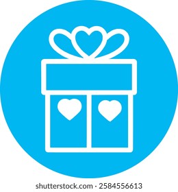 A charming Gift Box with Hearts icon in crisp white on a light Cambridge blue background. Simple yet festive, symbolizing love, celebration, and thoughtful giving with a modern, minimalist touch.