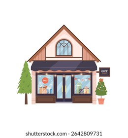 Charming gift shop building with gifts in display windows, Christmas lights, and festive trees. Flat vector illustration isolated on white, ideal for seasonal retail and celebration themes.
