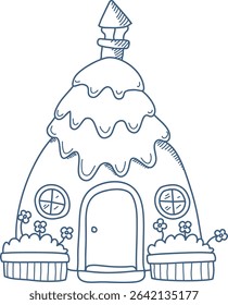 A charming gingerbread house with icing details and circular windows in a hand-drawn style. The cozy structure features a whimsical roof and flower pots. Cartoon vector illustration.