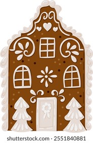 Charming gingerbread house illustration with intricate icing decorations, snowy details, and festive trees. Perfect for Christmas designs, holiday cards. Vector hand drawn drawing