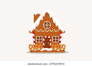 Charming Gingerbread House Vector with Snow Covered Roof Chimney and Pretzel Fence for Christmas Design