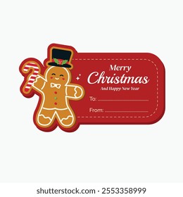 Charming gingerbread man cookie greeting card label for christmas festive decorated bring candy cane and wearing black hat with red background