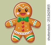 A charming gingerbread man is wearing a green bow tie along with some fun socks