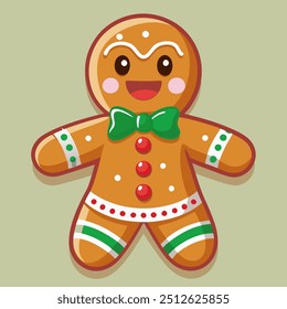 A charming gingerbread man is wearing a green bow tie along with some fun socks