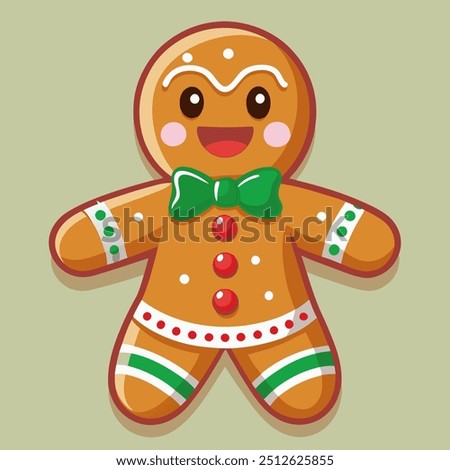 A charming gingerbread man is wearing a green bow tie along with some fun socks