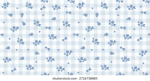 Charming Gingham Floral Seamless Vector Pattern for Countryside and Cottage Style