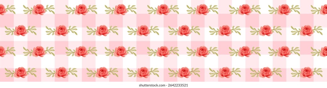 Charming gingham padrão fundo com rosas coloridas sem costura. Ideal para projetos rústicos, antigos ou românticos. Perfeito para têxteis, convites e projetos de temática nacional.