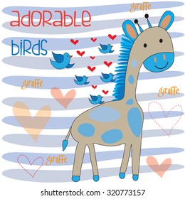 charming giraffe with birds and hearts vector illustration