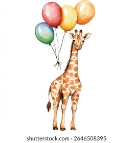 A charming giraffe, depicted in a watercolor style, is lifted by colorful balloons. The giraffe is presented in a playful pose, with a focus on its expressive face and detailed spots.