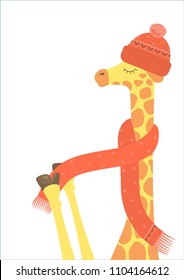 Charming giraffe wearing a hat and scarf on white background. Cute cold weather, winter vector illustration.