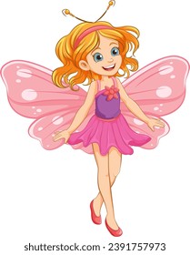 A charming girl with butterfly wings in a fairy dress