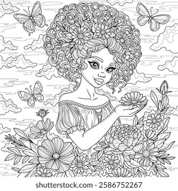 A charming girl with flowers and butterflies.Coloring book antistress for children and adults. Illustration isolated on white background.Zen-tangle style. Hand draw