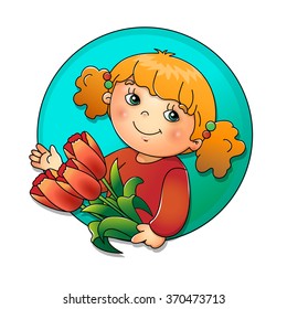 Charming girl holding a bouquet of tulips isolated on white background