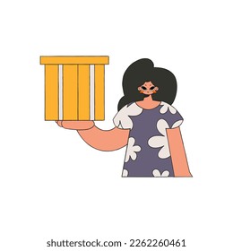 Charming girl is holding a box. The essence of delivering packages and freight.