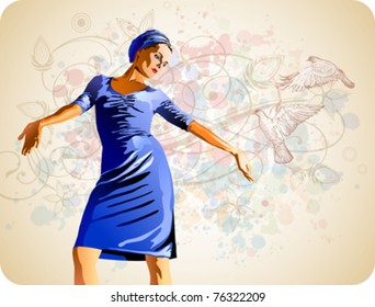 The charming girl on an watercolor background & vintage floral ornament