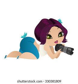 Charming girl photographer. Woman photographer in pin-up style isolated on white background. Girl with a camera in hand. Vector illustration.