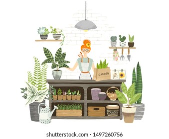 Charming girl shop assistant stands at the table with plants, seedling, watering can, flowers pots in garden shop for cultivating home garden. Florist working and checkout. Flat cartoon illustration.