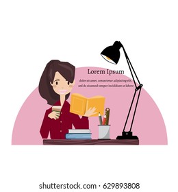Charming girl sitting by wooden table and reading book.Flat style vector illustration.