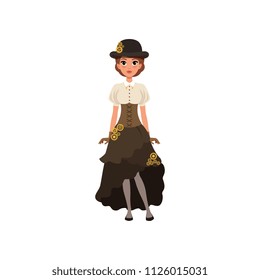 Charming girl in steampunk costume. Woman in blouse, skirt with bustle, corset and bowler hat with gears. Fancy outfit. Flat vector design