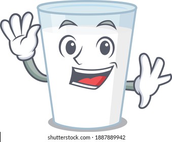 A charming glass of milk mascot design style smiling and waving hand. Vector illustration