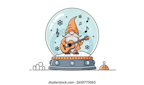 Charming gnome playing guitar inside a festive winter snow globe with music notes