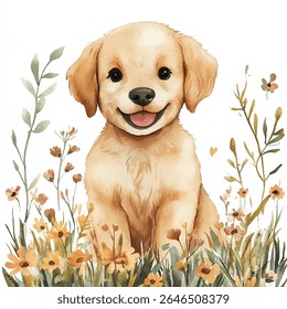 A charming golden retriever puppy, depicted in a soft watercolor style, sits amidst a vibrant meadow of flowers and foliage. The puppy's expression is joyful, with its mouth open in a happy smile.