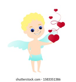 Charming golden-haired curly Cupid juggles with small scarlet hearts. The symbol of Valentine's Day has wings and is dressed in a loincloth. Vector stock illustration isolated on white background.