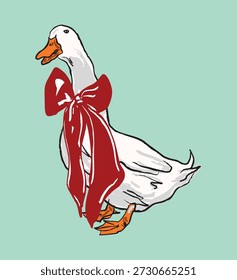 Ganso encantador que lleva un lazo rojo Grande, diseño lindo y juguetón perfecto para proyectos festivos, estacionales y festivos. El estilo caprichoso y colorido agrega alegría a cualquier entorno.