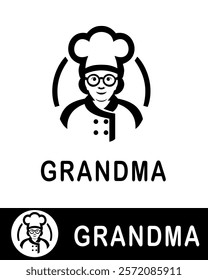 Charming grandma chef logo design featuring a smiling elderly woman wearing glasses and a chef hat, ideal for bakeries, homemade food businesses, or culinary branding concepts with a classic touch