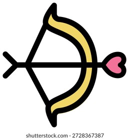 Eine charmante grafische Darstellung von Cupids Bogen und Pfeil mit rosafarbener herzförmiger Spitze, einzeln auf weißem Hintergrund, die Romantik und Valentinstag-Konzepte darstellt.